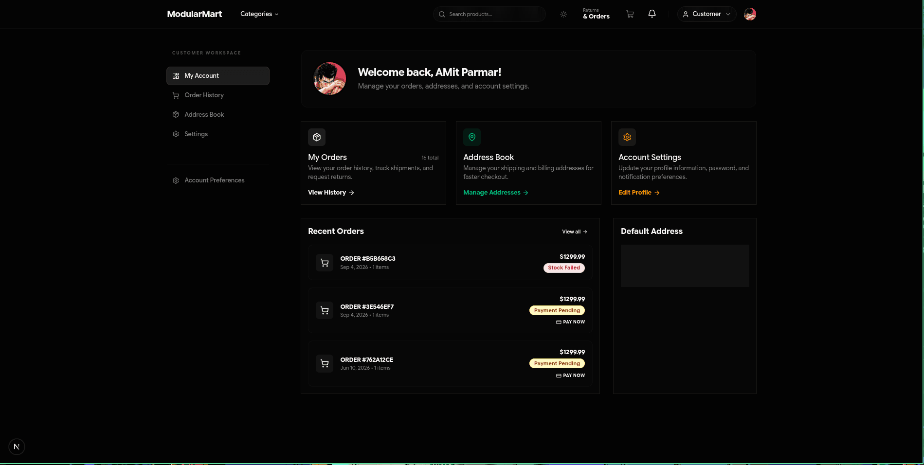 Customer workspace with order history