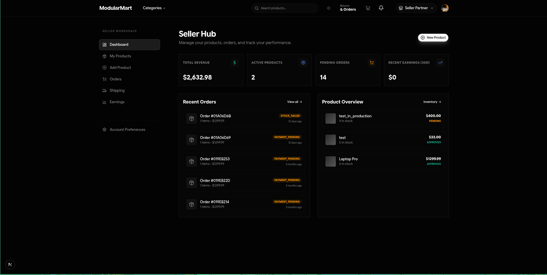 Seller Hub with revenue and product overview